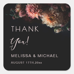 Dark Realistic Flowers Wedding Thank You Square Sticker