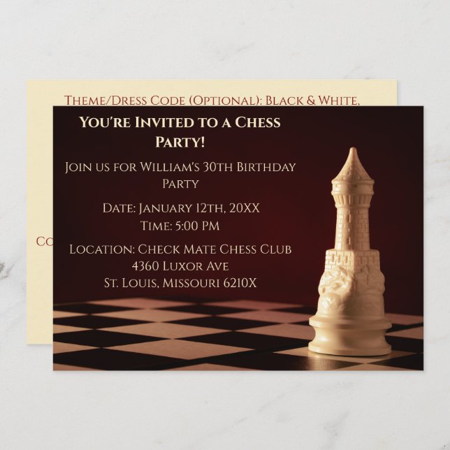 Dark Red 30th Birthday Party Chess Rook  Invitation (Front/Back)