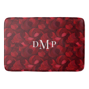 Dark Red Abstract Leaf Pattern Monogrammed Bath Mat