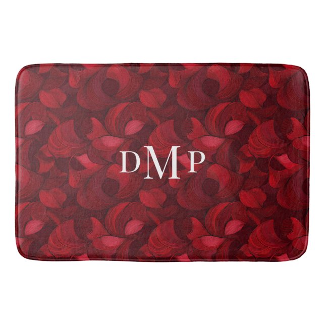 Dark Red Abstract Leaf Pattern Monogrammed Bath Mat (Front)
