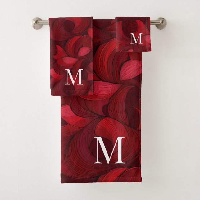 Dark Red Abstract Leaf Pattern Monogrammed Bath Towel Set (Insitu)