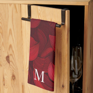 Dark Red Abstract Leaf Pattern Tea Towel