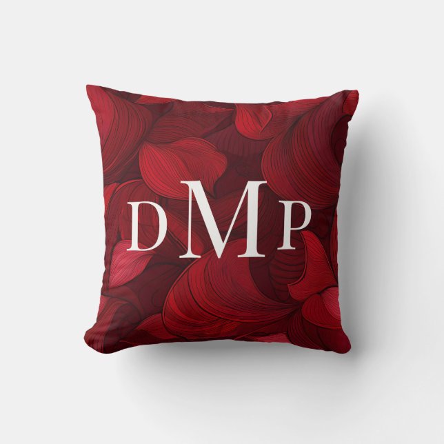 Dark Red Abstract Leaves Monogrammed Cushion (Front)