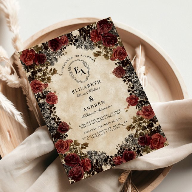 Dark Red and Black Lace Rose Wedding Invitation (Creator Uploaded)