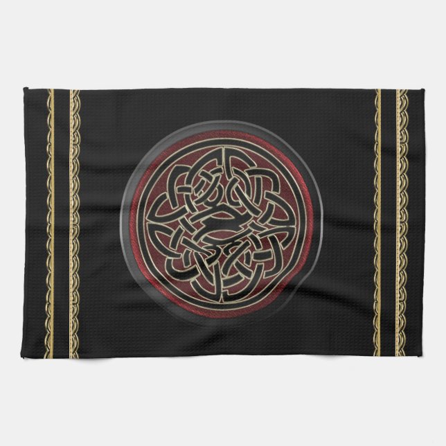 Dark Red and Black Metallic Celtic Knot Tea Towel (Horizontal)