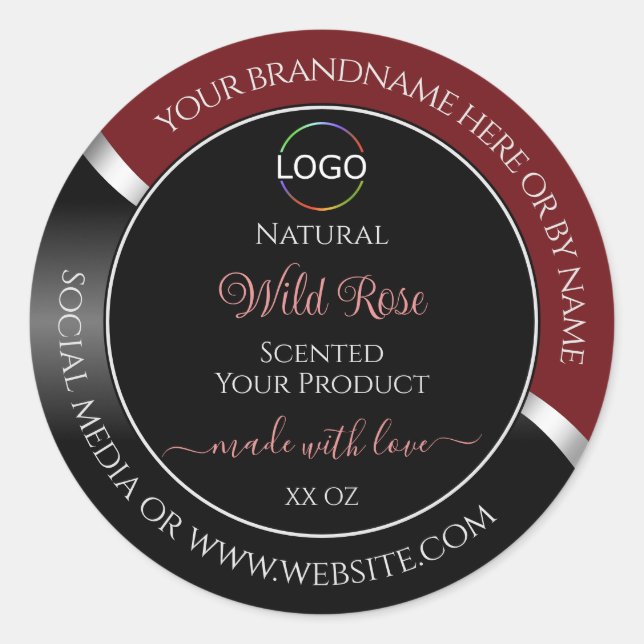 Dark Red and Black Wavy Silver Logo Product Labels (Front)