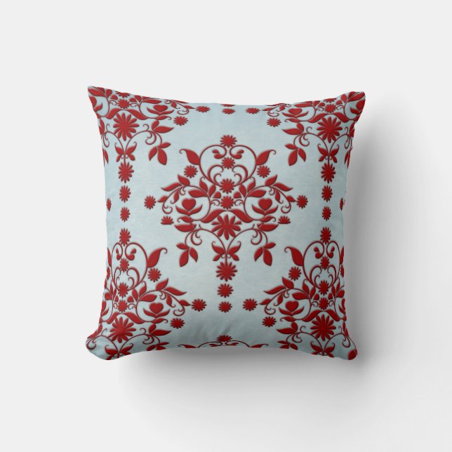 Dark Red and Dusty Light Teal Damask Pattern Cushion (Front)