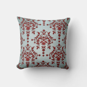Dark Red and Dusty Light Teal Damask Pattern Cushion