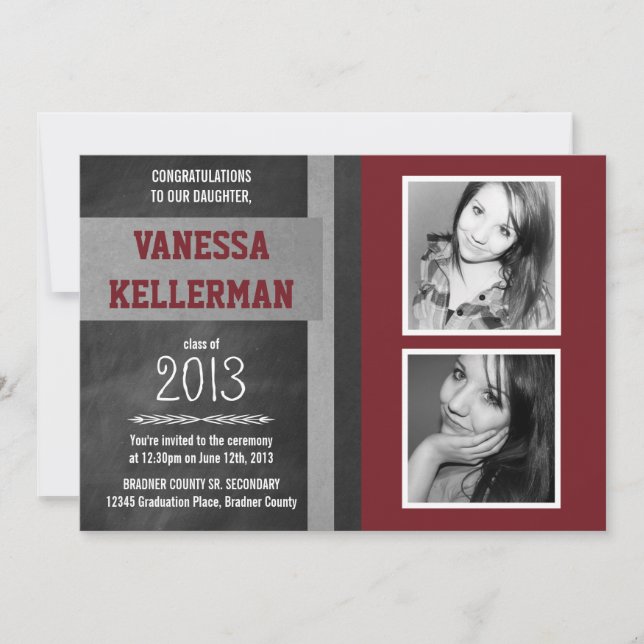 Dark Red and Grey 2 Photo Chalkboard Graduation Invitation (Front)