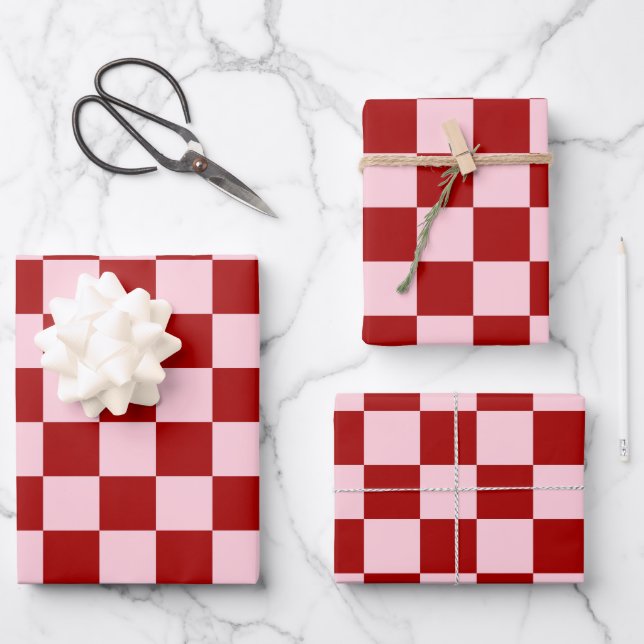 Dark Red and Pastel Pink Chequerboard Wrapping Paper Sheet (Front)