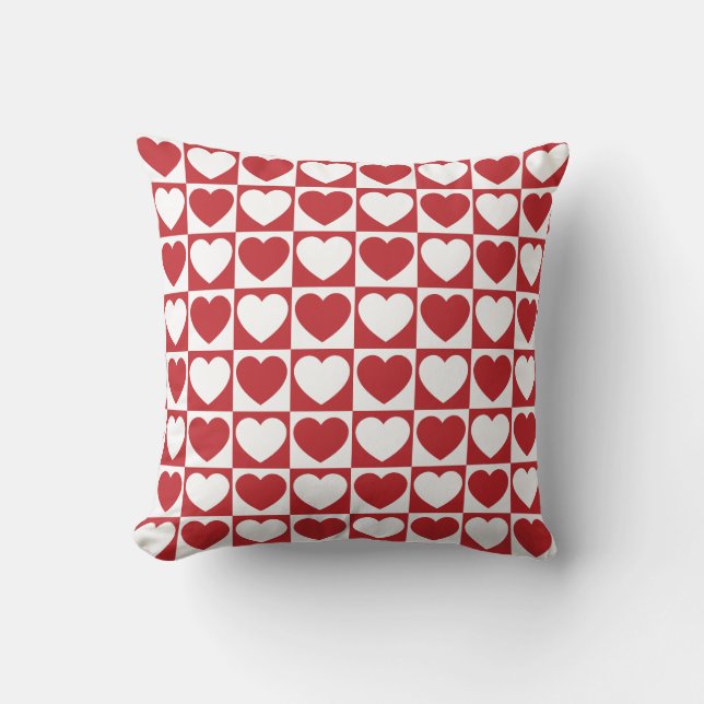 Dark Red and White Checkered Pattern With Hearts Cushion (Front)