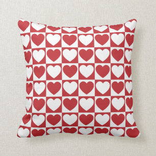 Dark Red and White Checkered Pattern With Hearts Cushion