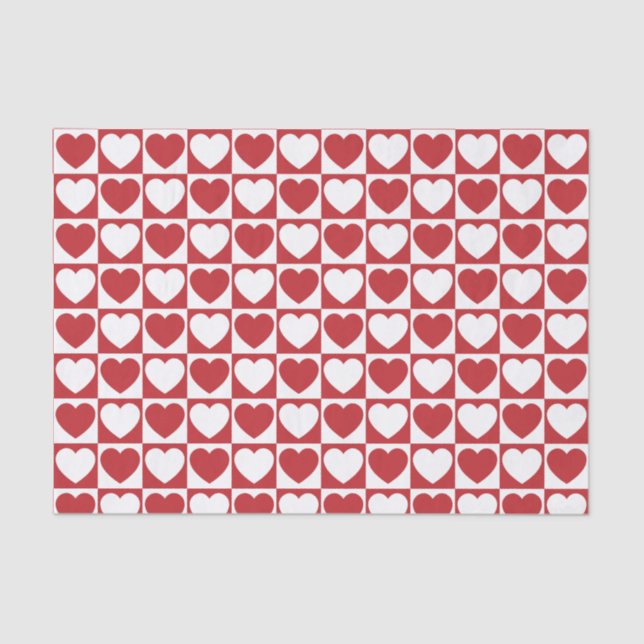 Dark Red and White Chequered Pattern With Hearts Tissue Paper (Front)