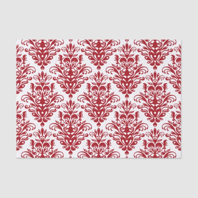 Dark red and White Elegant Damask Pattern Tissue Paper (Front)