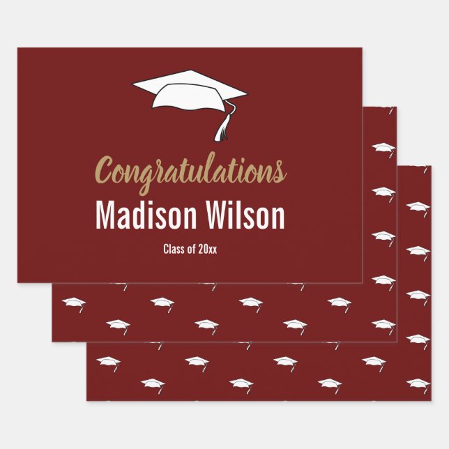 Dark Red and White Graduation Congratulations Wrapping Paper Sheet (Set)