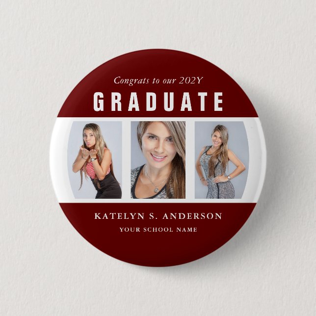 Dark Red and White Graduation Photo Collage Custom 6 Cm Round Badge (Front)