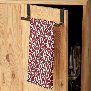 Dark Red and white. Numbers Math. Tea Towel
