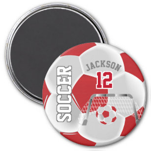 Dark Red and White Personalise Soccer Ball Magnet