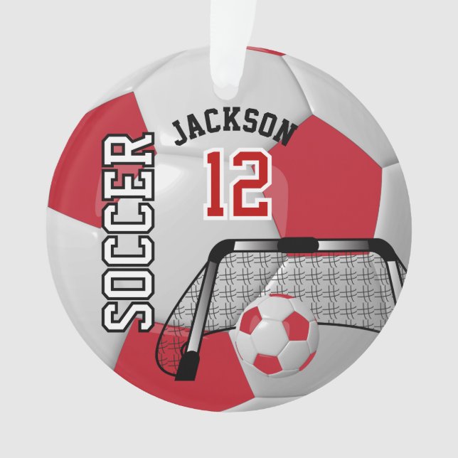 Dark Red and White Personalise Soccer Ball Ornament (Front)
