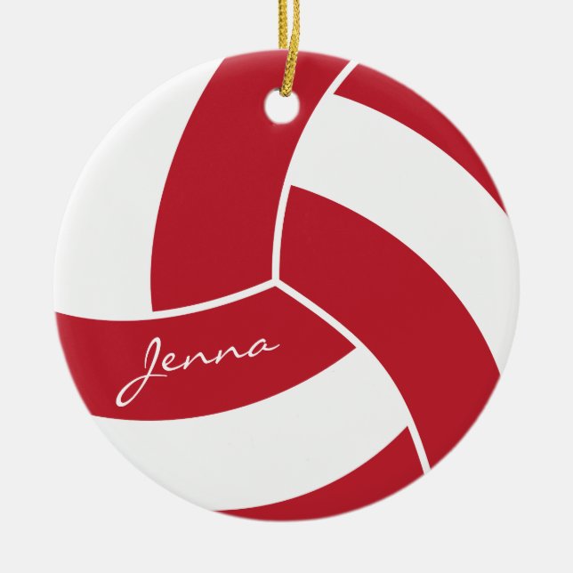 Dark Red and White Volleyball Ceramic Ornament (Front)