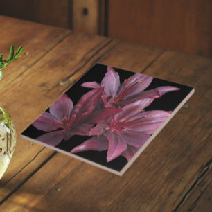Dark Red Asiatic Lilies on Black Floral Ceramic Tile