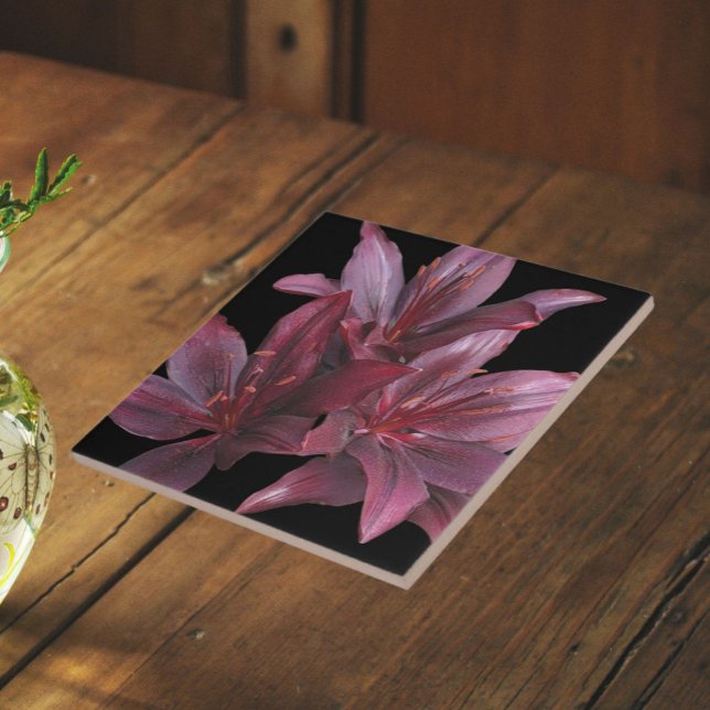 Dark Red Asiatic Lilies on Black Floral Ceramic Tile (In Situ)