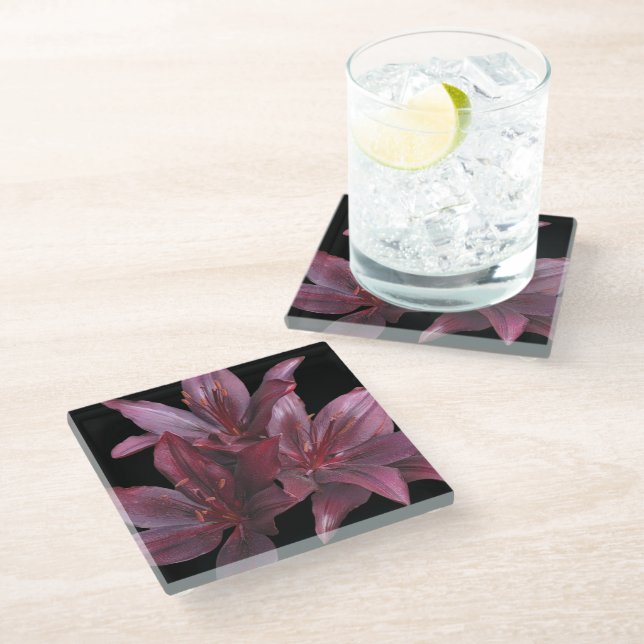 Dark Red Asiatic Lilies on Black Floral Glass Coaster (Angled)