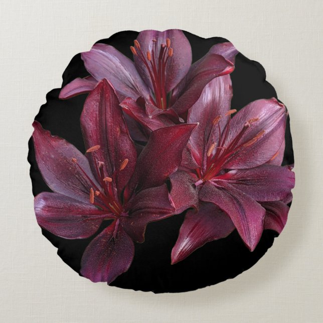 Dark Red Asiatic Lilies on Black Floral Round Cushion (Front)