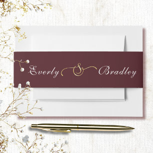 Dark Red Background White Script Gold Ampersand Invitation Belly Band