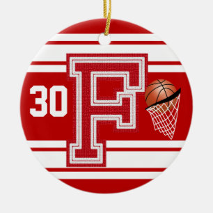 Dark Red Basketball - School Letters - F Ceramic Ornament