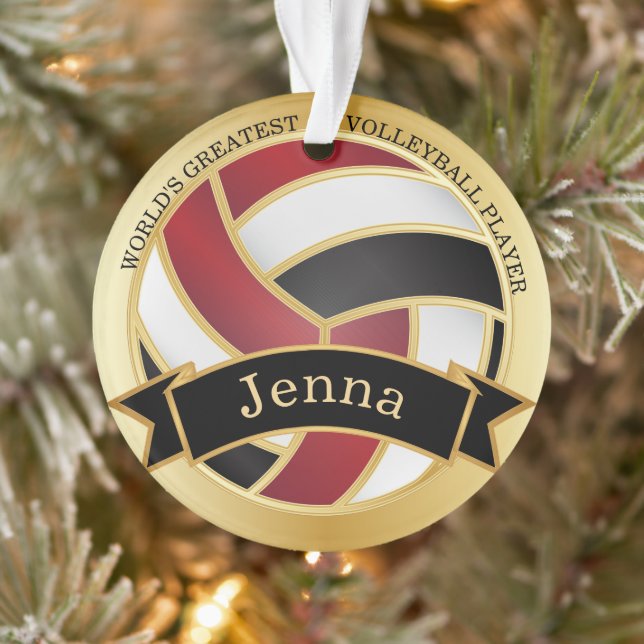 Dark Red, Black and Gold Volleyball  | DIY Name  Ornament (Tree)