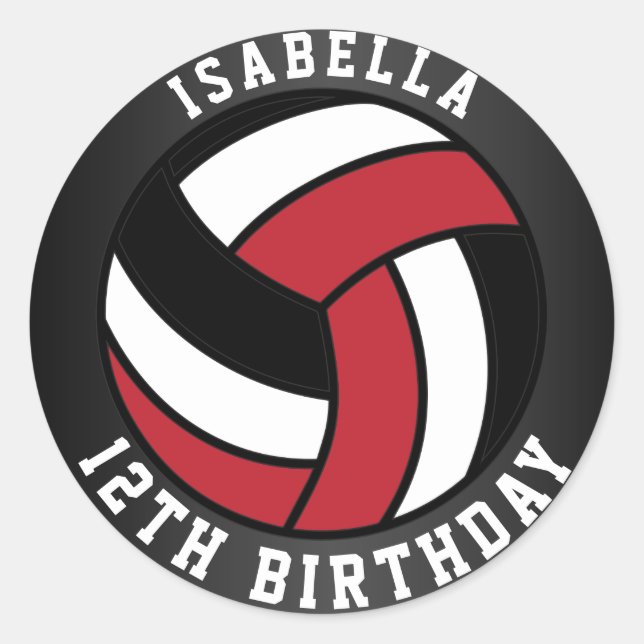 Dark Red, Black and White Volleyball Birthday Classic Round Sticker (Front)
