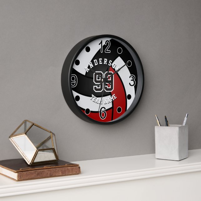 Dark Red, Black and White Volleyball   Clock (Office)