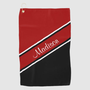 Dark Red Black Diagonal Stripe Script Name Golf Towel