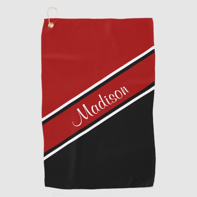 Dark Red Black Diagonal Stripe Script Name Golf Towel (Front)