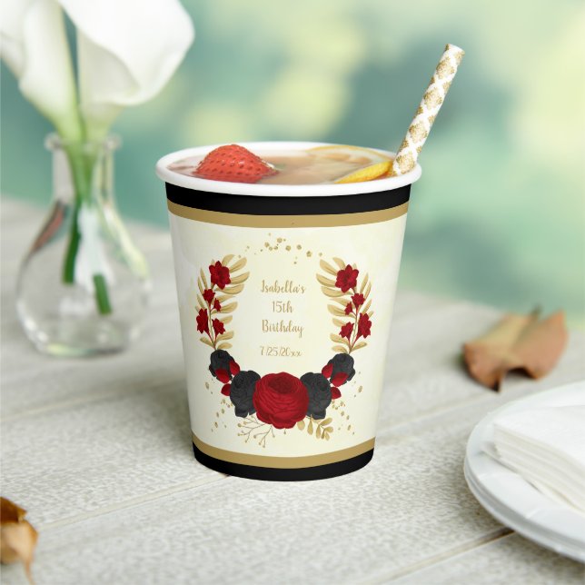  dark red & black flowers gold botanical wreath paper cups (Insitu)