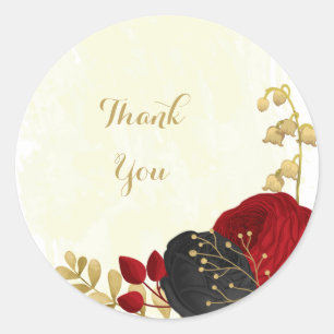 dark red & black flowers gold classic round sticker