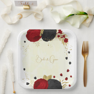 dark red & black flowers gold paper plate