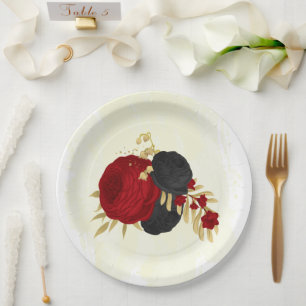 dark red & black flowers gold paper plate