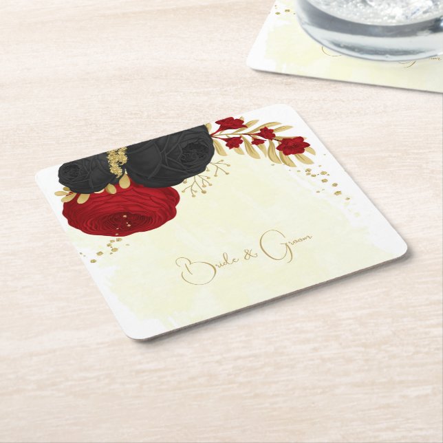  dark red & black flowers gold square paper coaster (Angled)