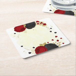 dark red & black flowers gold square paper coaster