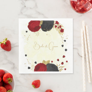  dark red & black flowers gold wedding napkin