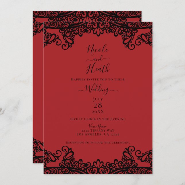 Dark Red & Black Lace Elegant Wedding    Invitation (Front/Back)