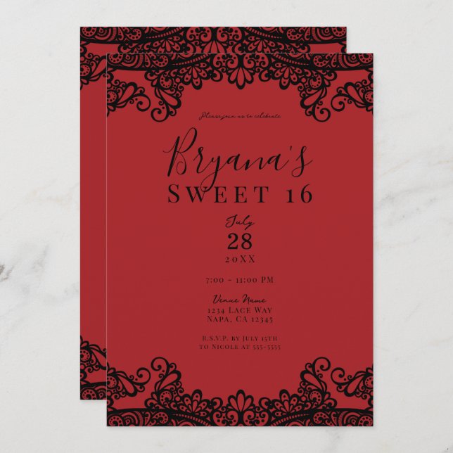 Dark Red & Black Lace Masquerade Sweet 16  Invitation (Front/Back)