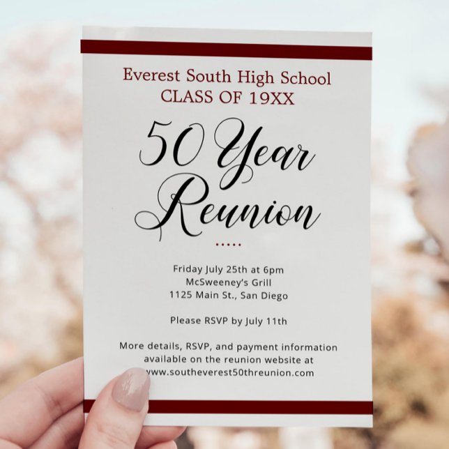 Dark Red Black Minimalist 50 Year Class Reunion Invitation (Creator Uploaded)