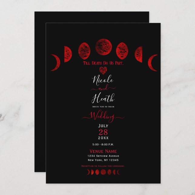 Dark Red & Black Moon Phases Gothic Wedding  Invitation (Front/Back)