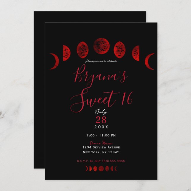 Dark Red Black Moon Phases Gothic Wedding Sweet 16 Invitation (Front/Back)