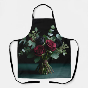 Dark Red Black Rose Bouquet Elegance Apron