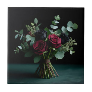 Dark Red Black Rose Bouquet Elegance Ceramic Tile