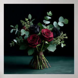 Dark Red Black Rose Bouquet Elegance Poster